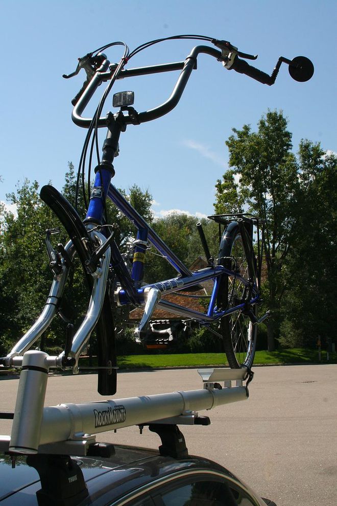 Rans Stratus XP recumbent bicycle on the bike rack on my car