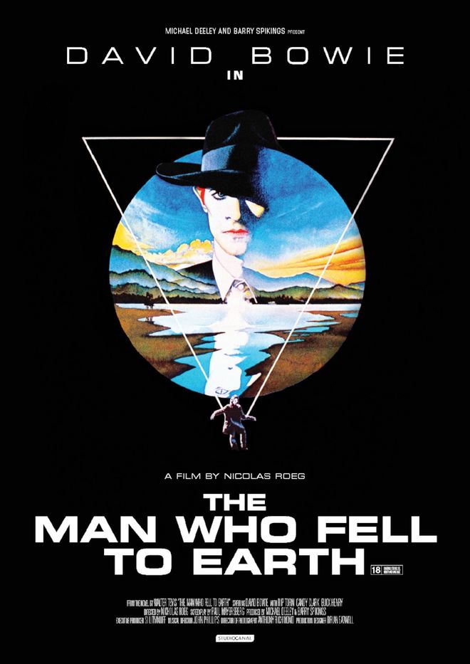 poster of a mysterious man wearing a hat superimposed over a mountain valley landscape