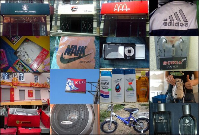 Collage of fake company brands satirizing the actual brands