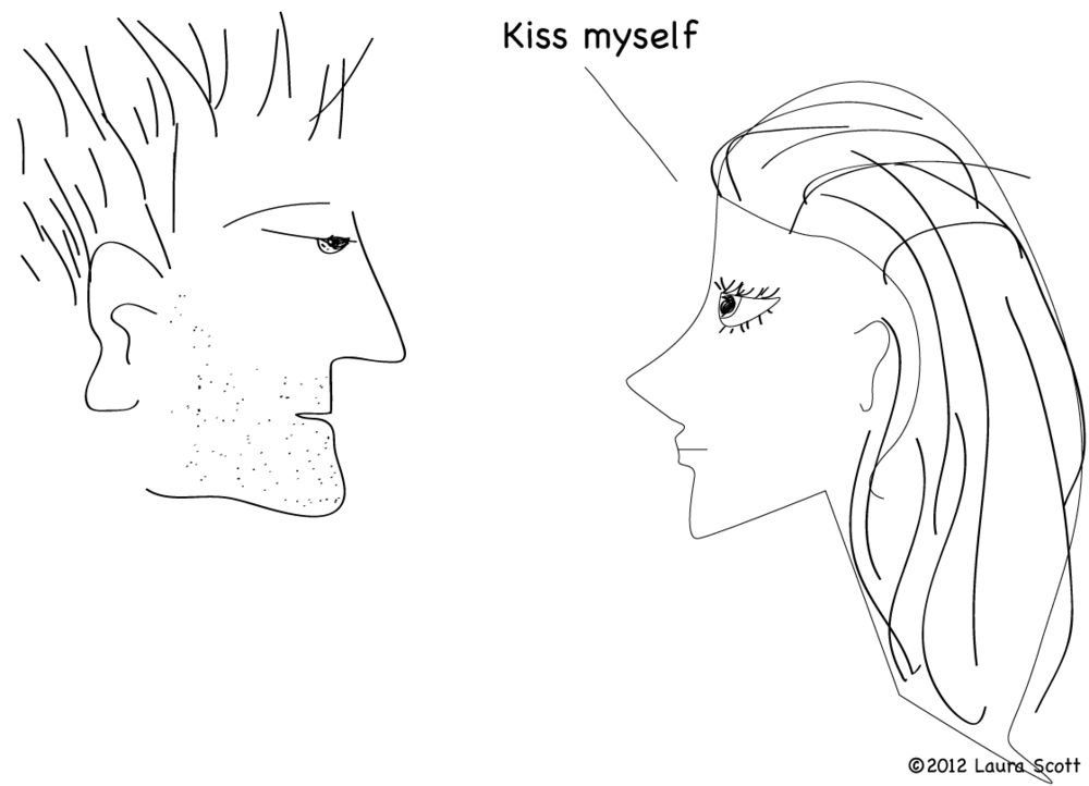 A man and a woman gaze at each other. She says “Kiss myself”