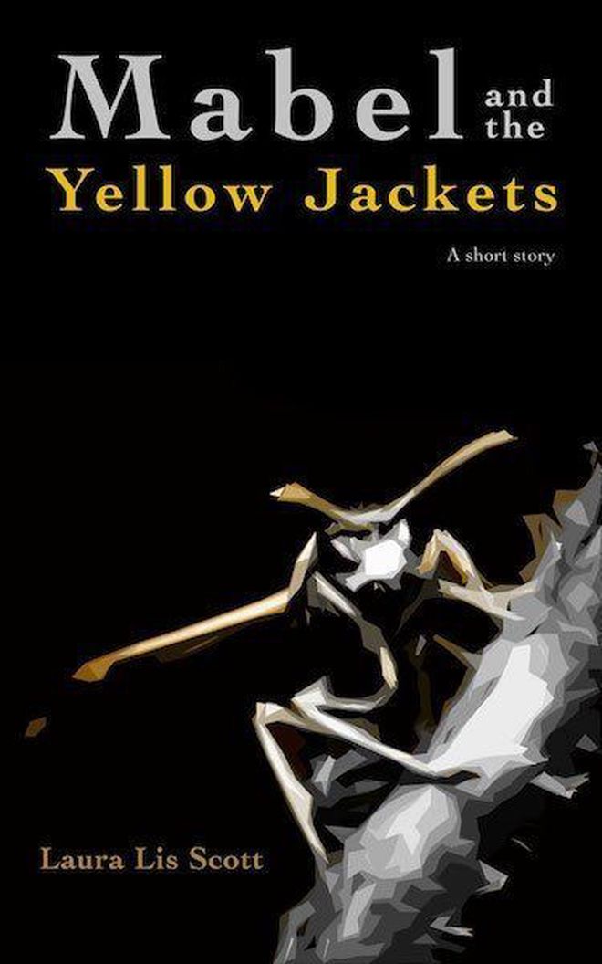 Book cover, Mabel and the Yellow Jackets, by Laura Lis Scott, with an illustrated yellow jacket against a black background