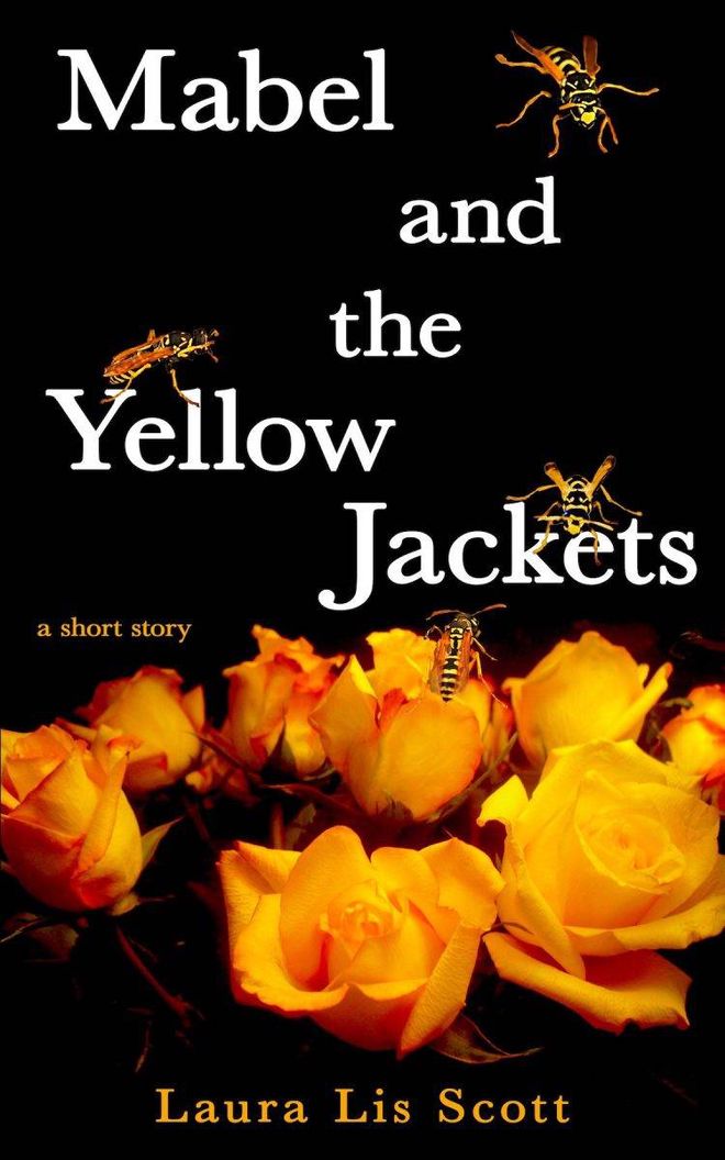 Book cover, Mabel and the Yellow Jackets, by Laura Lis Scott, with an illustrated yellow jacket against a black background. Designed by Laura Lis Scott.