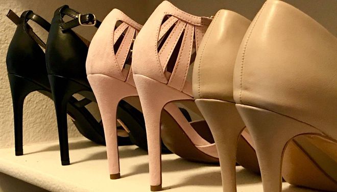 3 pair of high heeled pumps - black, pink, and nude-beige