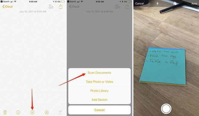 screenshots showing Notes app user interface to scan a document